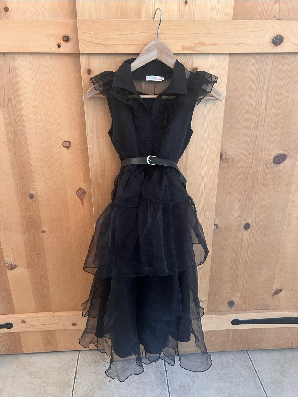 Wednesday Addams Girls Black Tiered Ruffle Dress with Belt